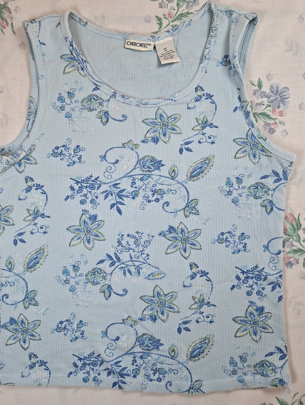 Vintage Coquette Cherokee Blue Whimsical Floral Ribbed Tank